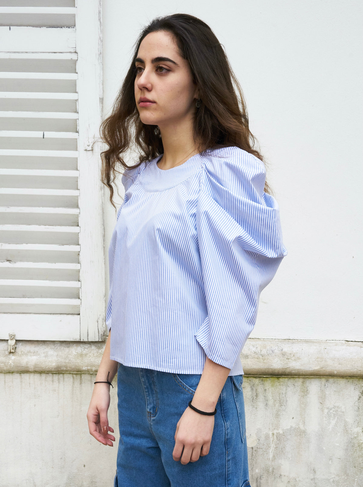 Uma-Pleated Sleeve Top-Blue/White Stripe