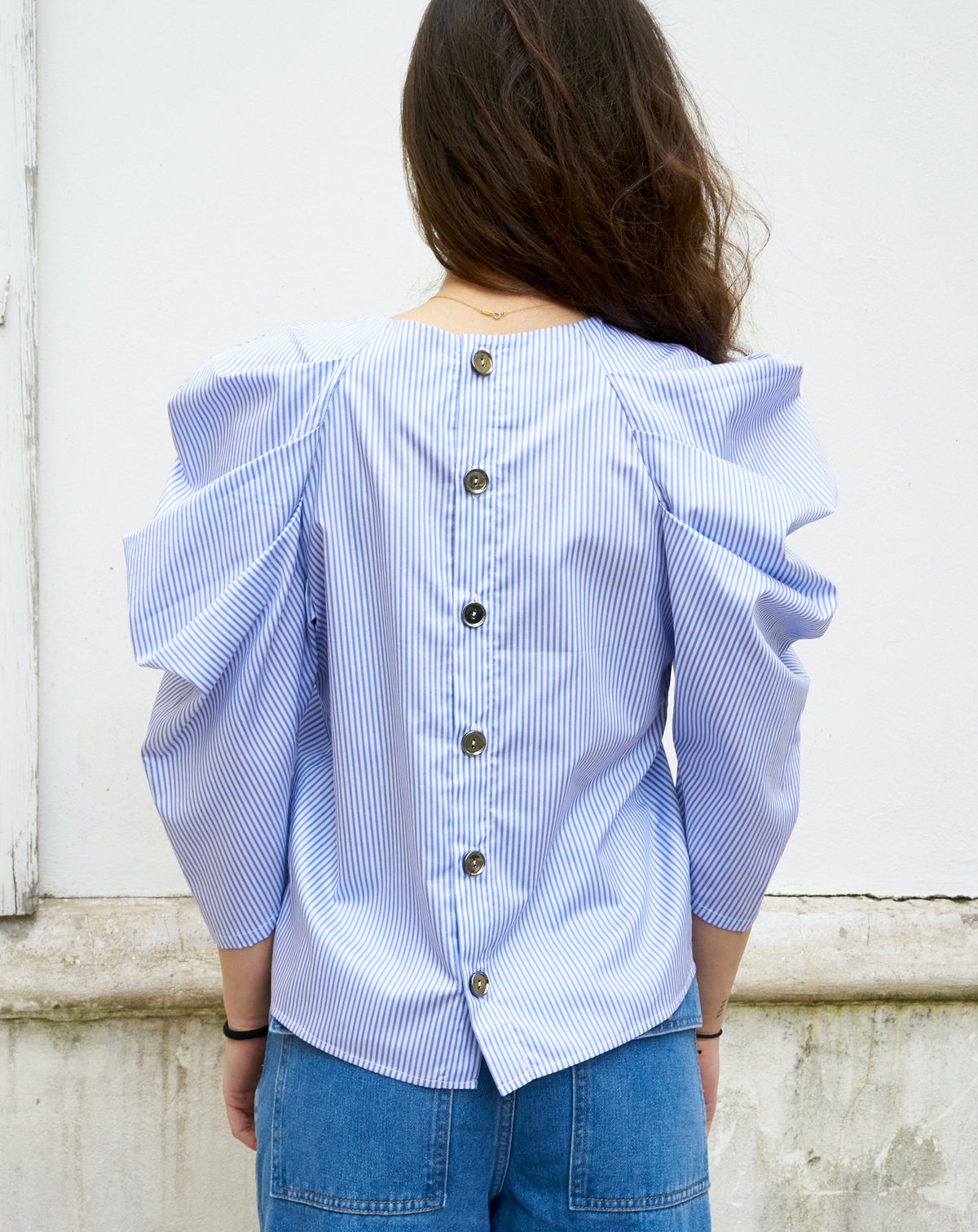 Uma-Pleated Sleeve Top-Blue/White Stripe