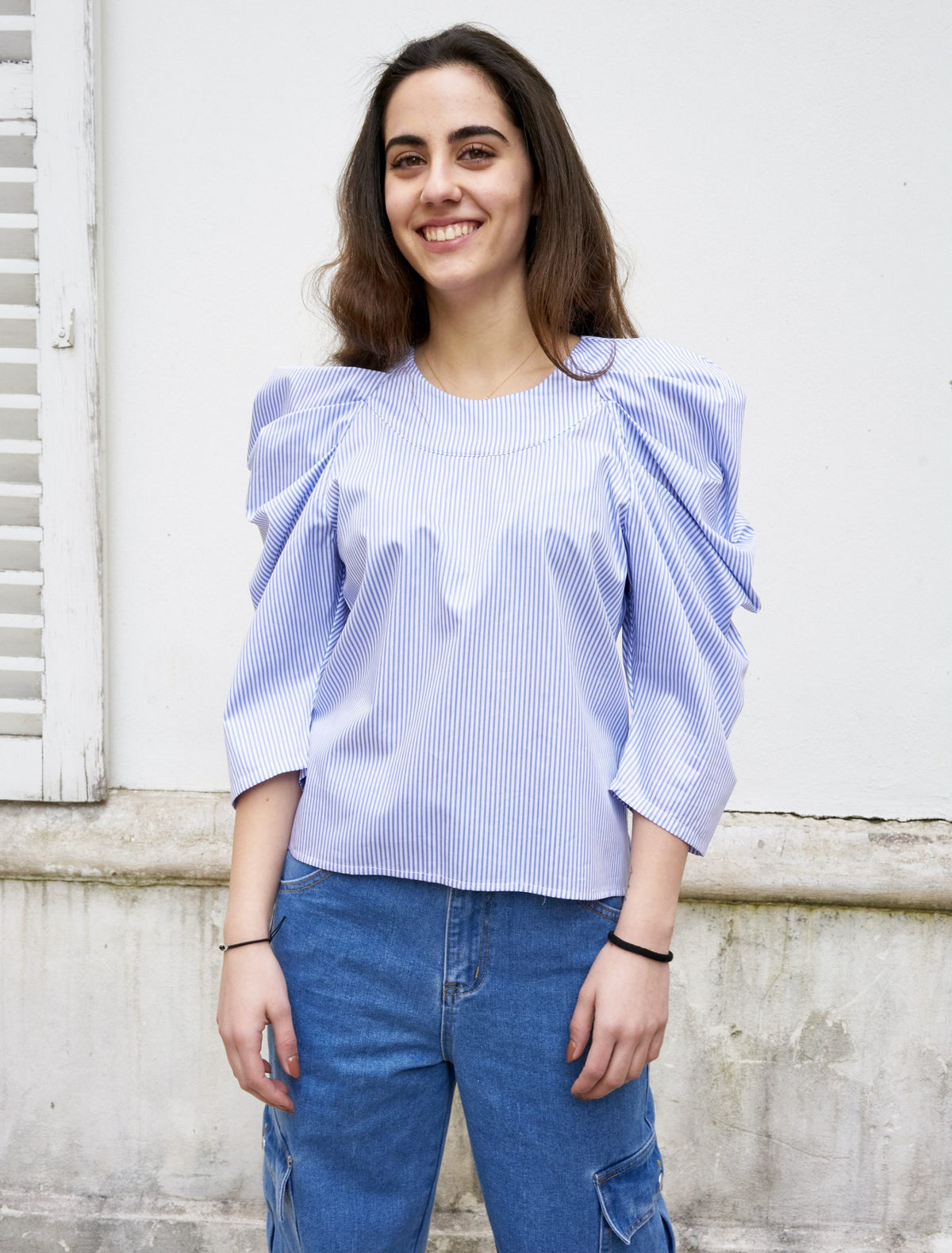 Uma-Pleated Sleeve Top-Blue/White Stripe
