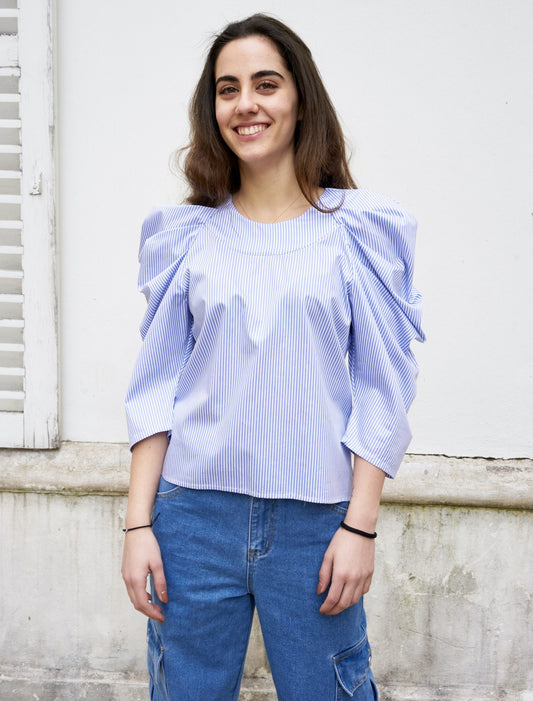 Uma-Pleated Sleeve Top-Blue/White Stripe