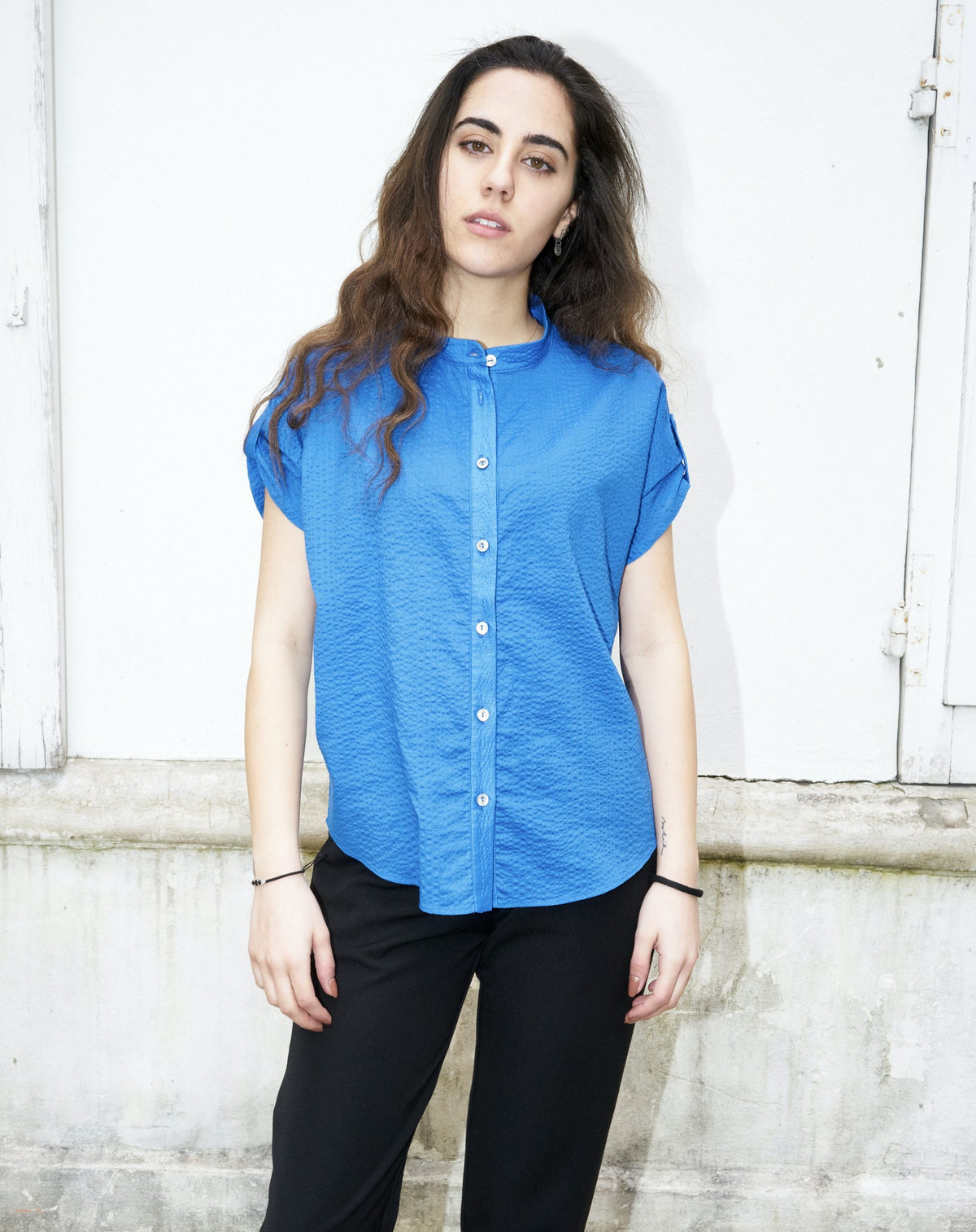 Rori-Seersucker Short Sleeve Shirt-Blue