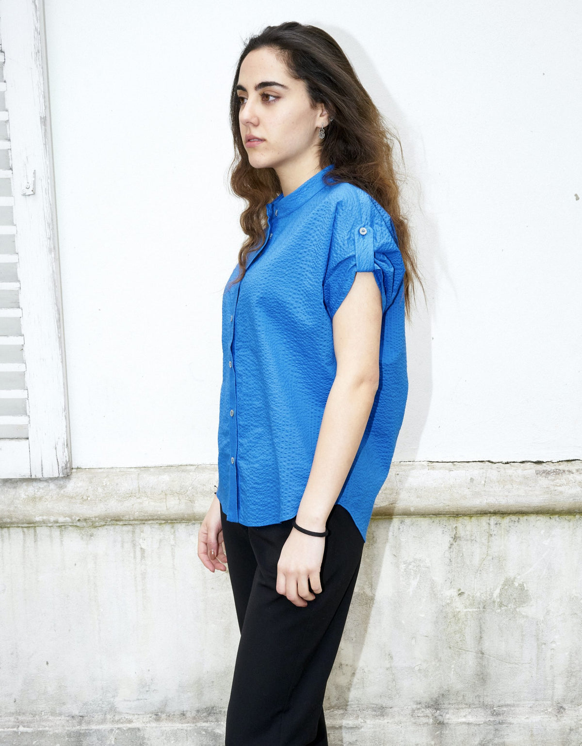 Rori-Seersucker Short Sleeve Shirt-Blue