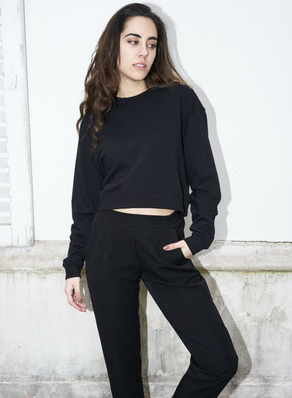 Angie-Cropped Scoop Back Sweat Shirt-Black