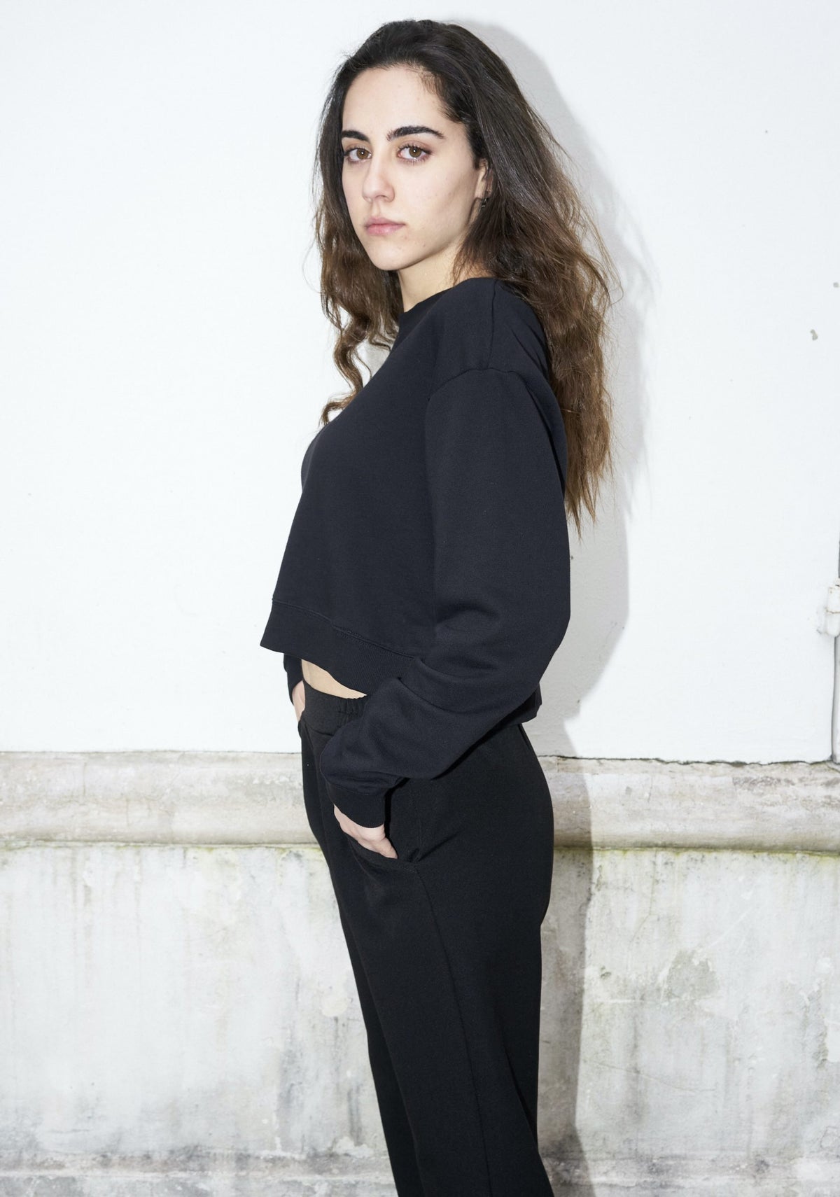 Angie-Cropped Scoop Back Sweat Shirt-Black