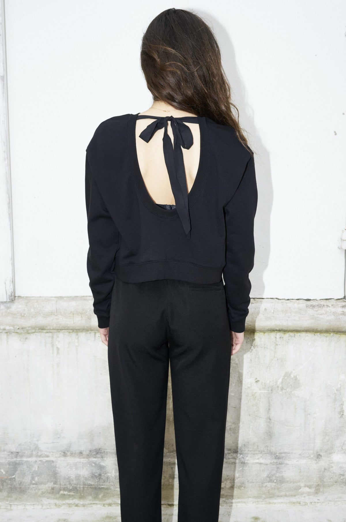 Angie-Cropped Scoop Back Sweat Shirt-Black