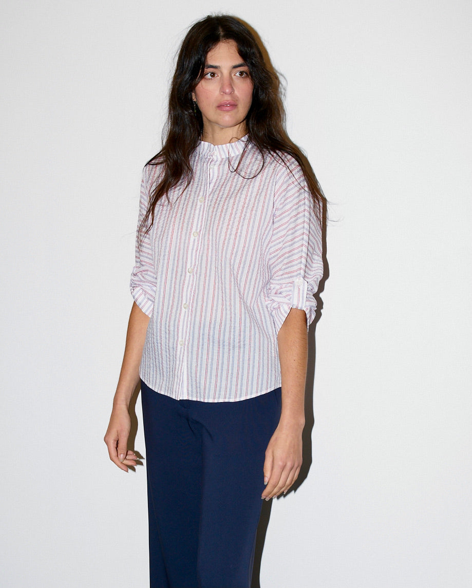 Whitney - Batwing Stripe Shirt -Red, Blue on White