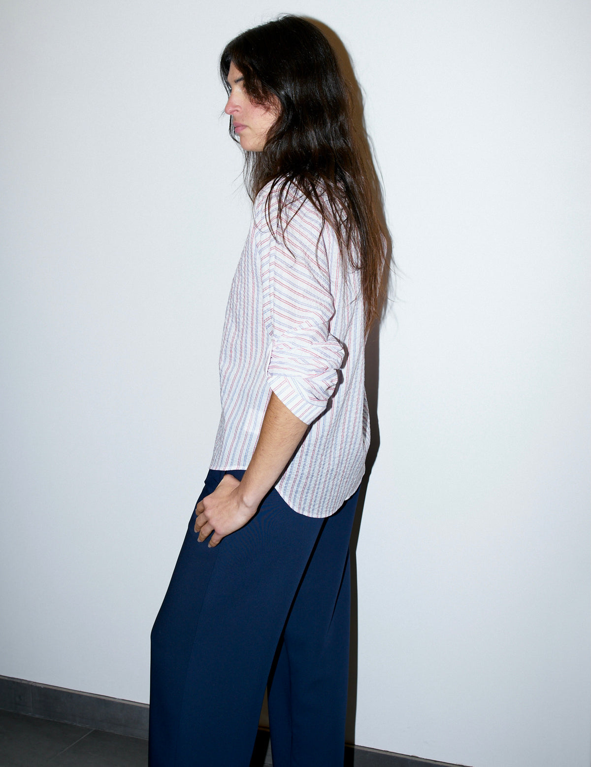 Whitney - Batwing Stripe Shirt -Red, Blue on White