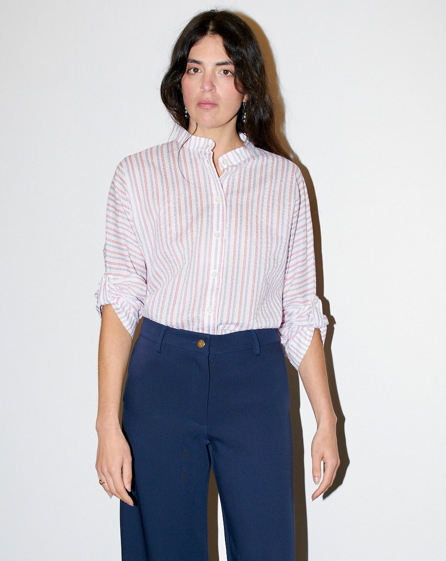 Whitney - Batwing Stripe Shirt -Red, Blue on White