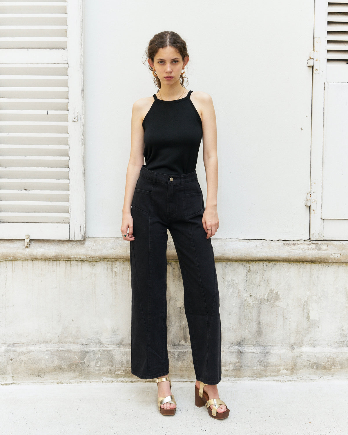 Beebee-Diamond Cut Wide Leg Jeans/Black