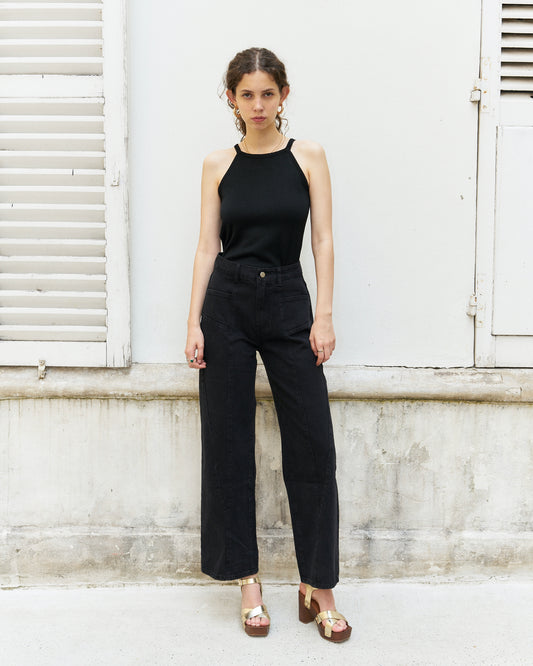 Beebee-Diamond Cut Wide Leg Jeans/Black