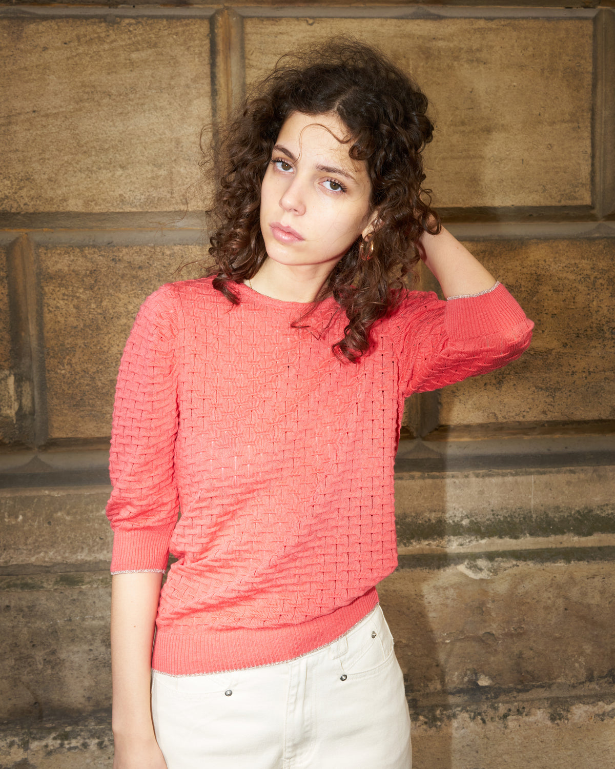 Phiphie-Puff Sleeve Textured Sweater-Coral