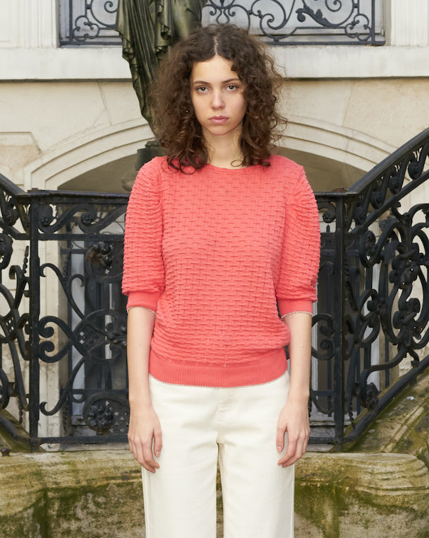 Phiphie-Puff Sleeve Textured Sweater-Coral