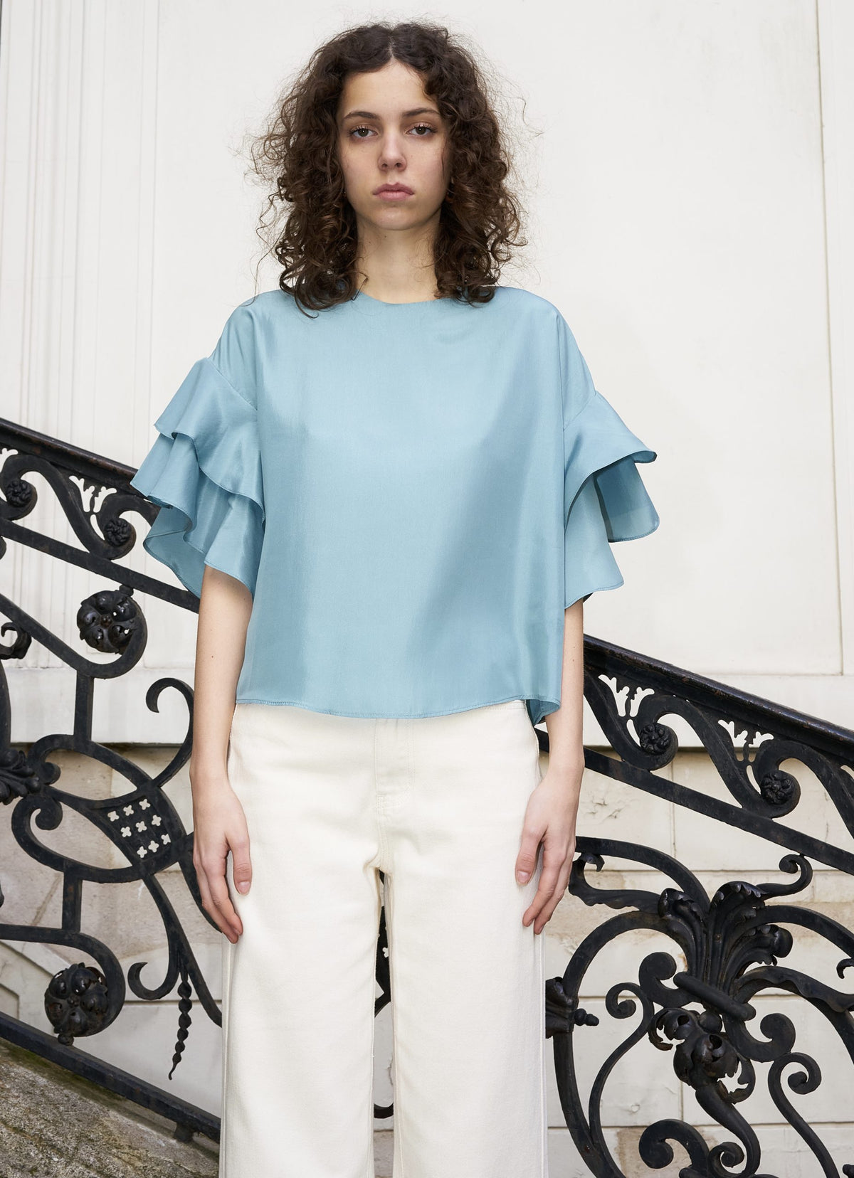 Sophie Ruffle Silk Top - Aqua