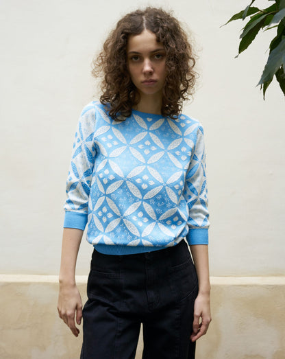 Erena-Fine Flower Jacquard Knit Top with 3/4 Sleeve