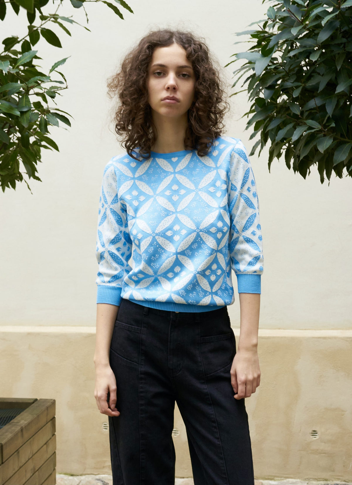 Erena-Fine Flower Jacquard Knit Top with 3/4 Sleeve