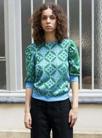 Ephi-Puff Sleeve Flower Jacquard Sweater