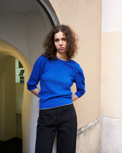 Phiphie-Puff Sleeve Textured Sweater-Royal Blue