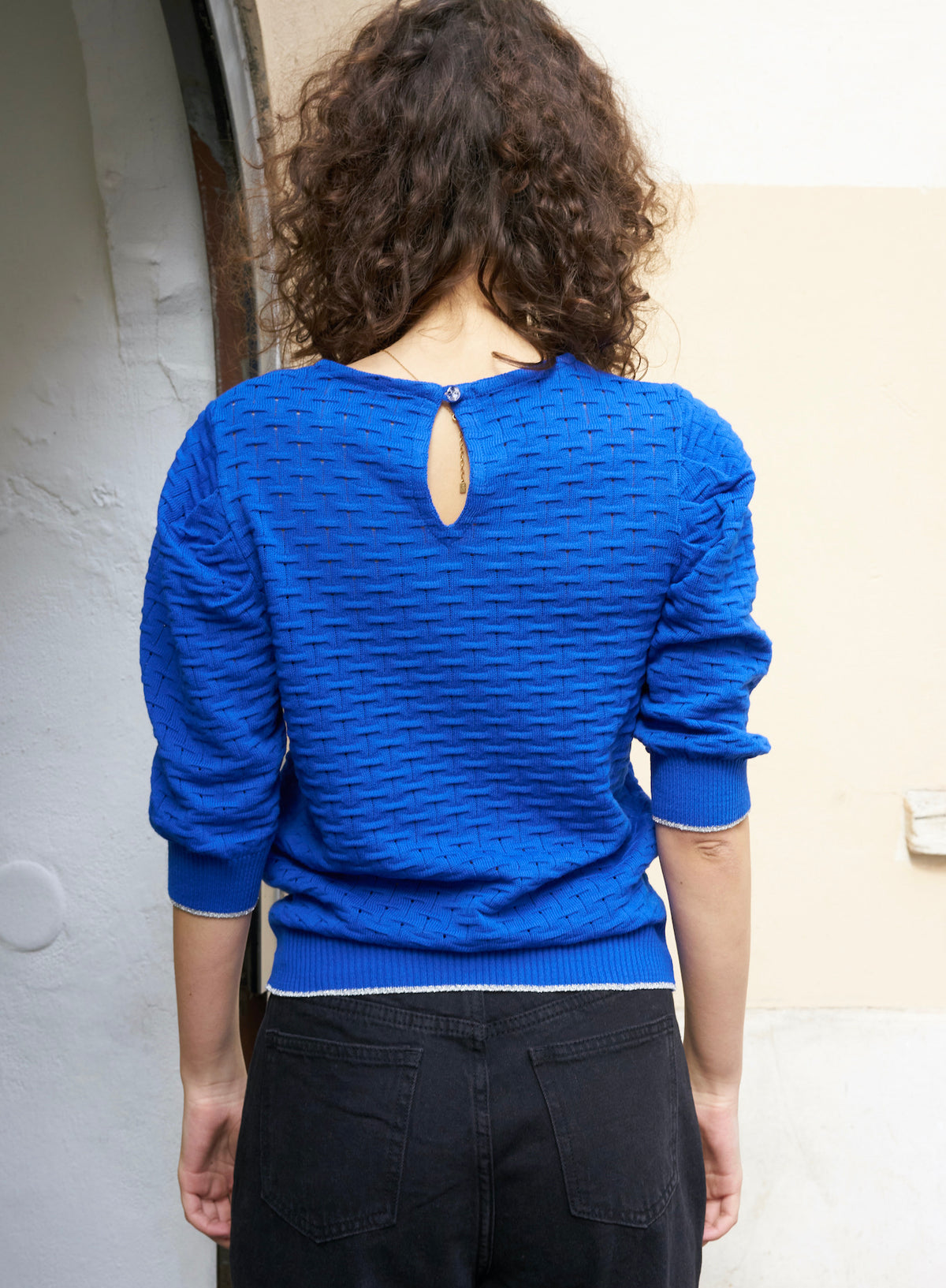 Phiphie-Puff Sleeve Textured Sweater-Royal Blue