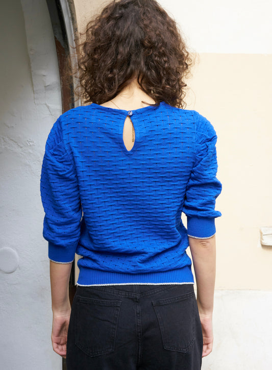 Phiphie-Puff Sleeve Textured Sweater-Royal Blue