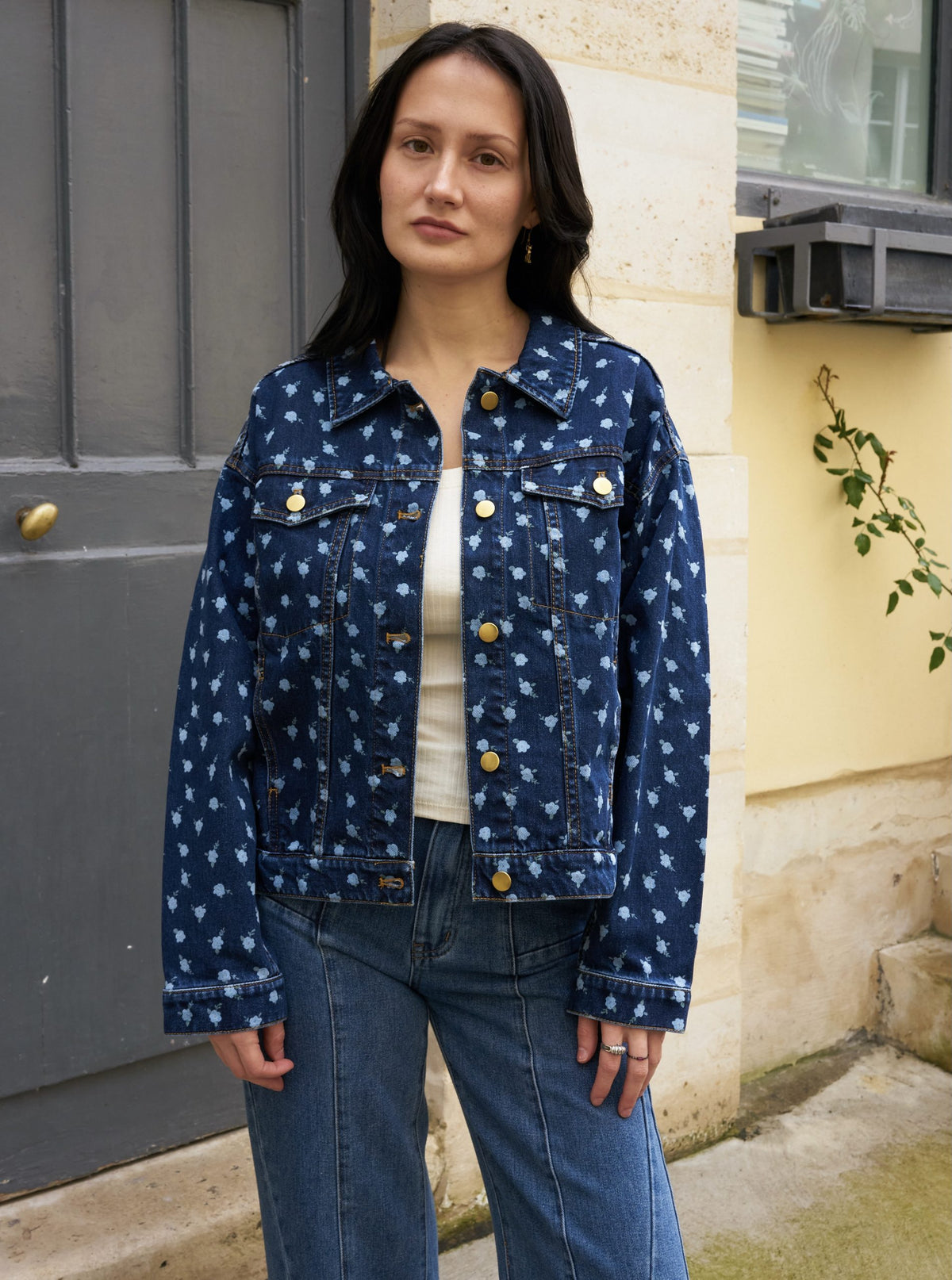 Alyssa-Flower Print Denim Jacket