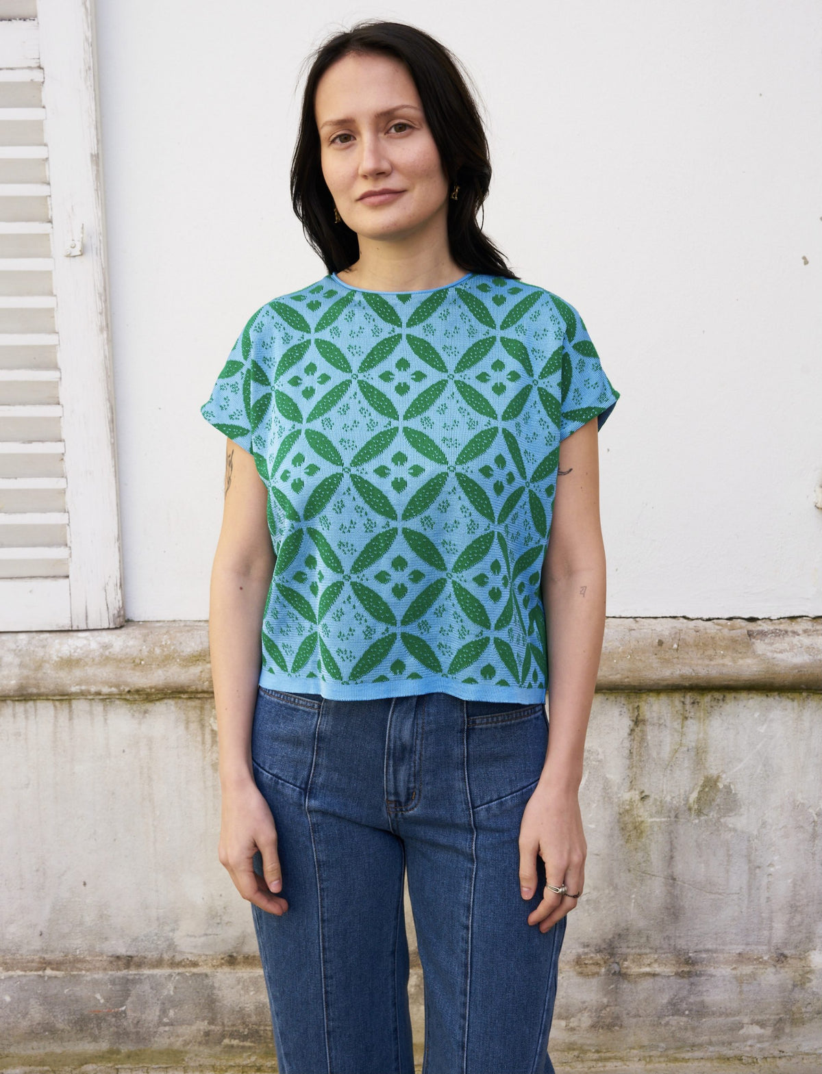 Eos-Flower Jacquard KnitTop with Button Down Back-Green/Blue