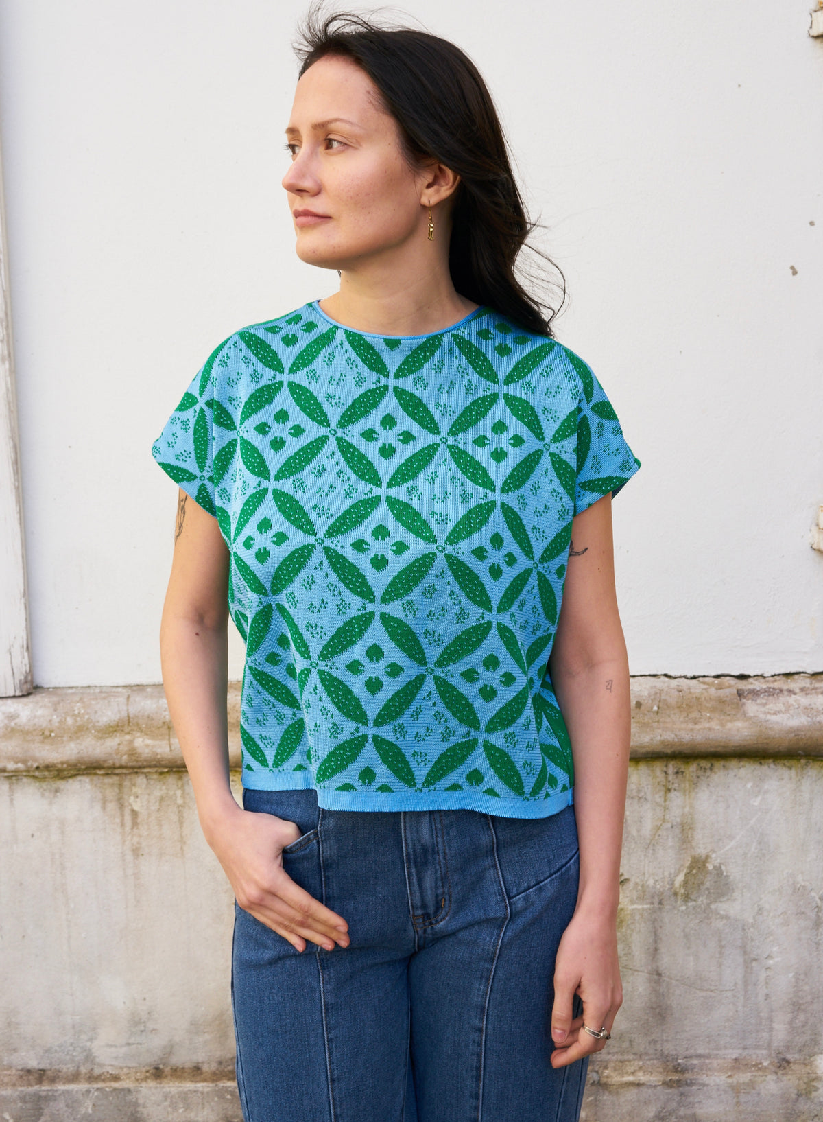 Eos-Flower Jacquard KnitTop with Button Down Back-Green/Blue