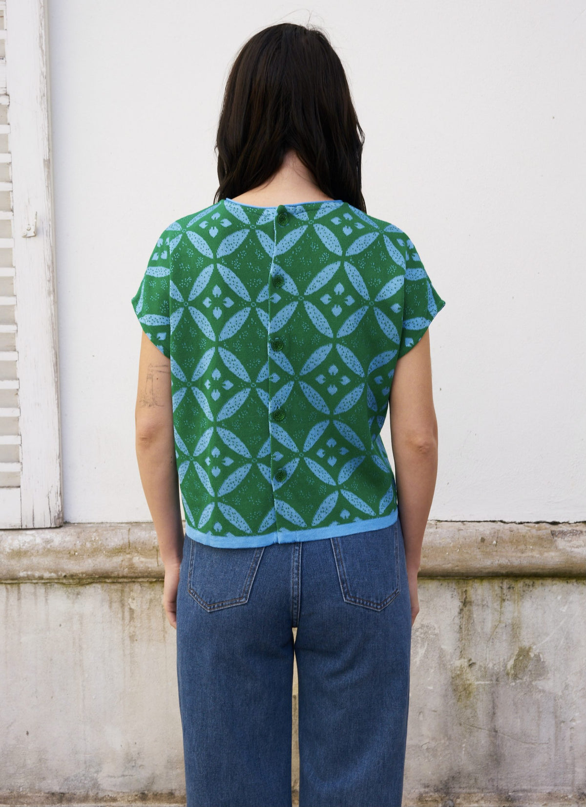 Eos-Flower Jacquard KnitTop with Button Down Back-Green/Blue