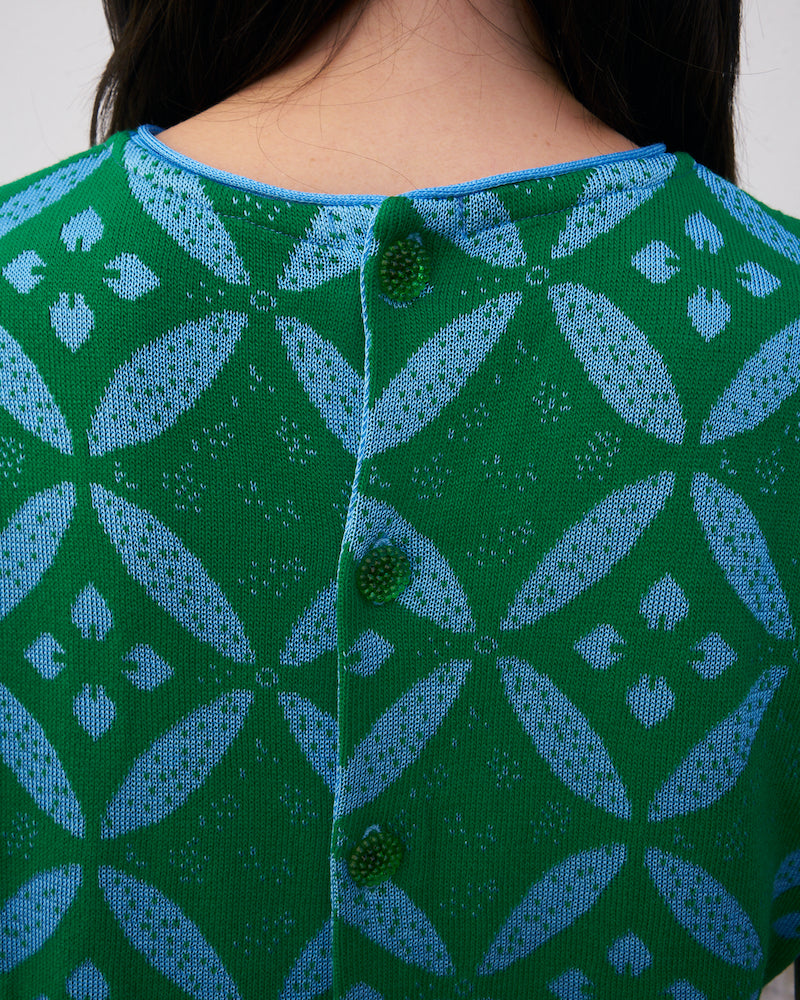 Eos-Flower Jacquard KnitTop with Button Down Back-Green/Blue