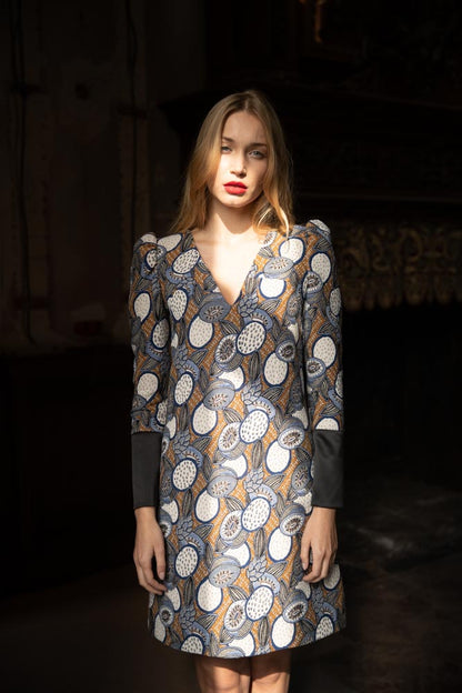Carmela - Brocade shift dress with Puffy shoulders
