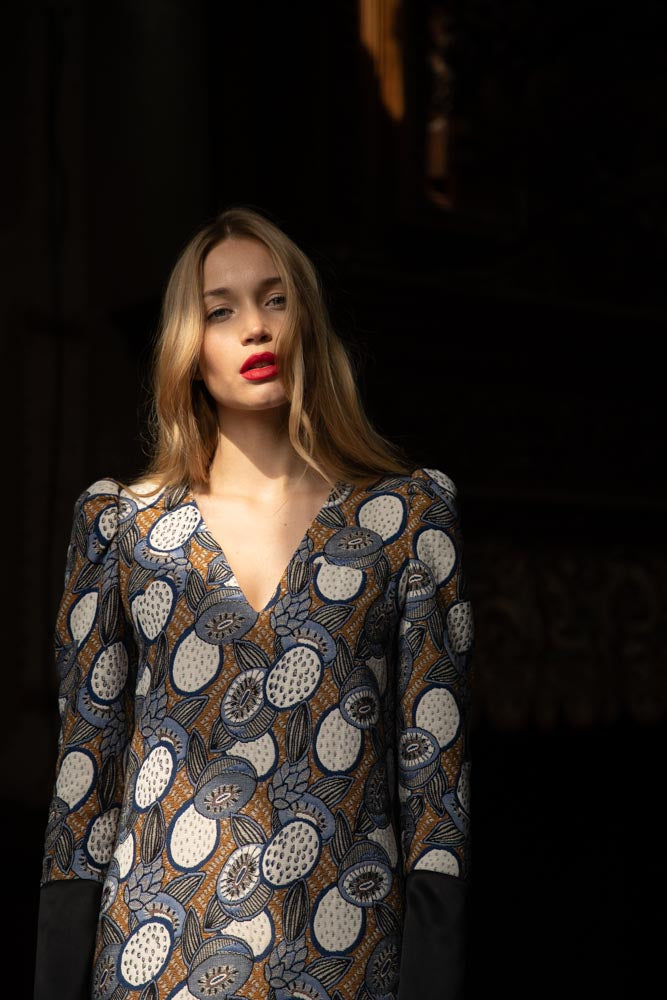 Carmela - Brocade shift dress with Puffy shoulders