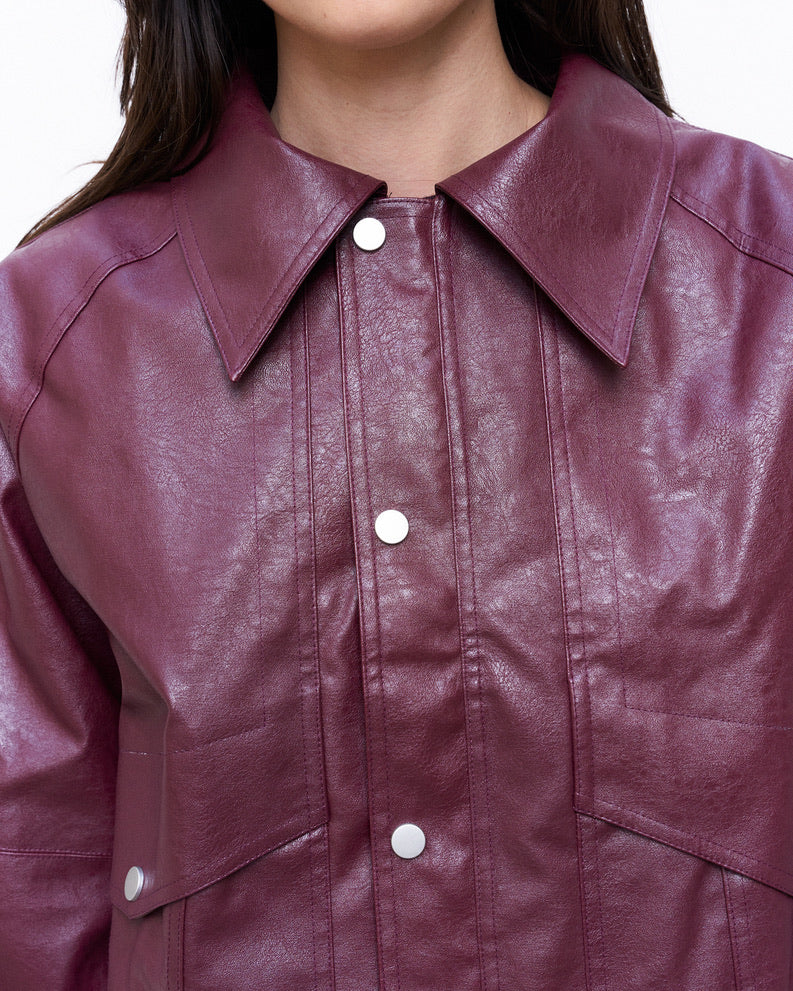 Ramon-Oversized Vegan Leather Retro Jacket-Burgundy