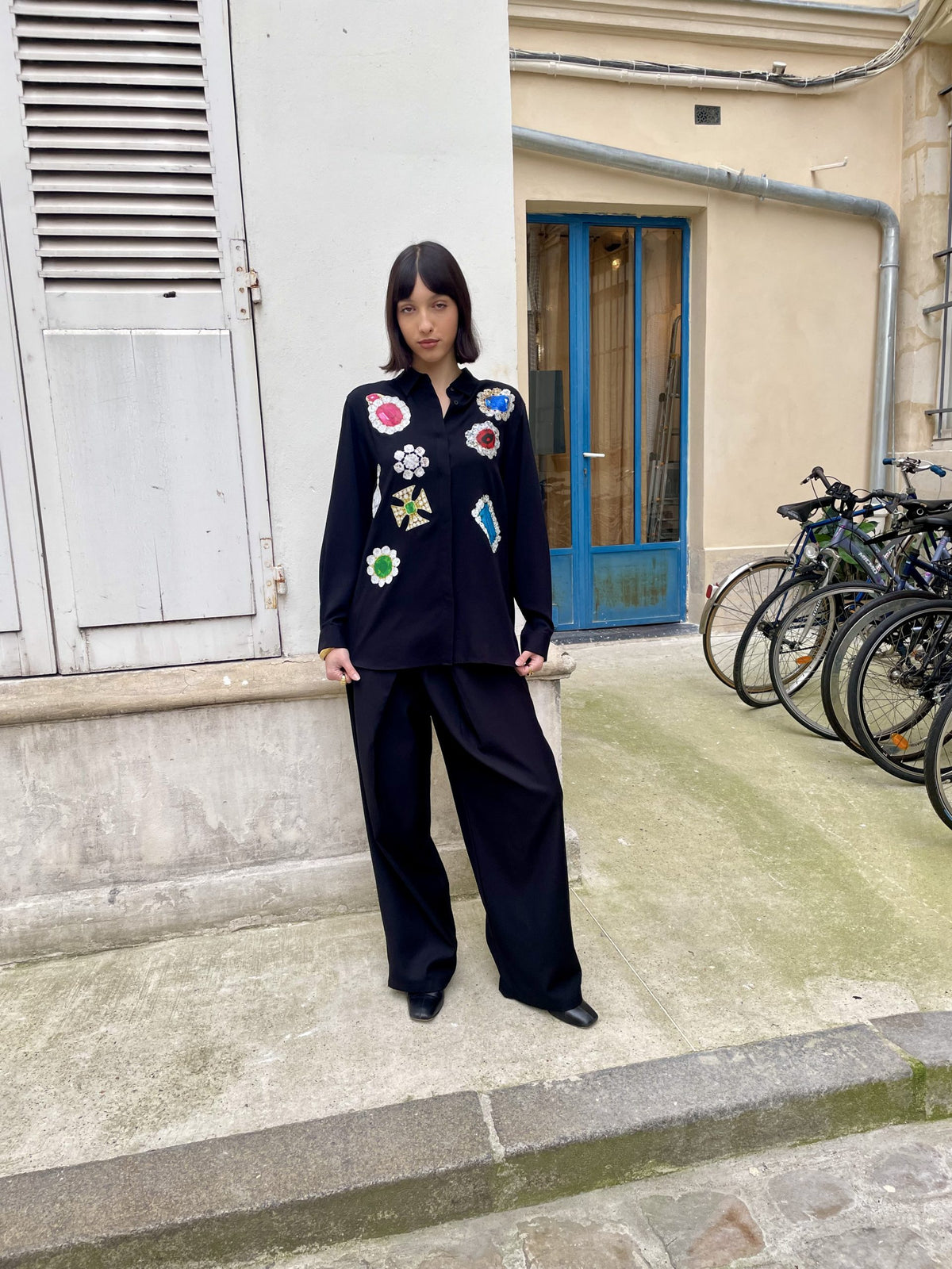 Adan - Jewel Print Oversized Silk Shirt - black