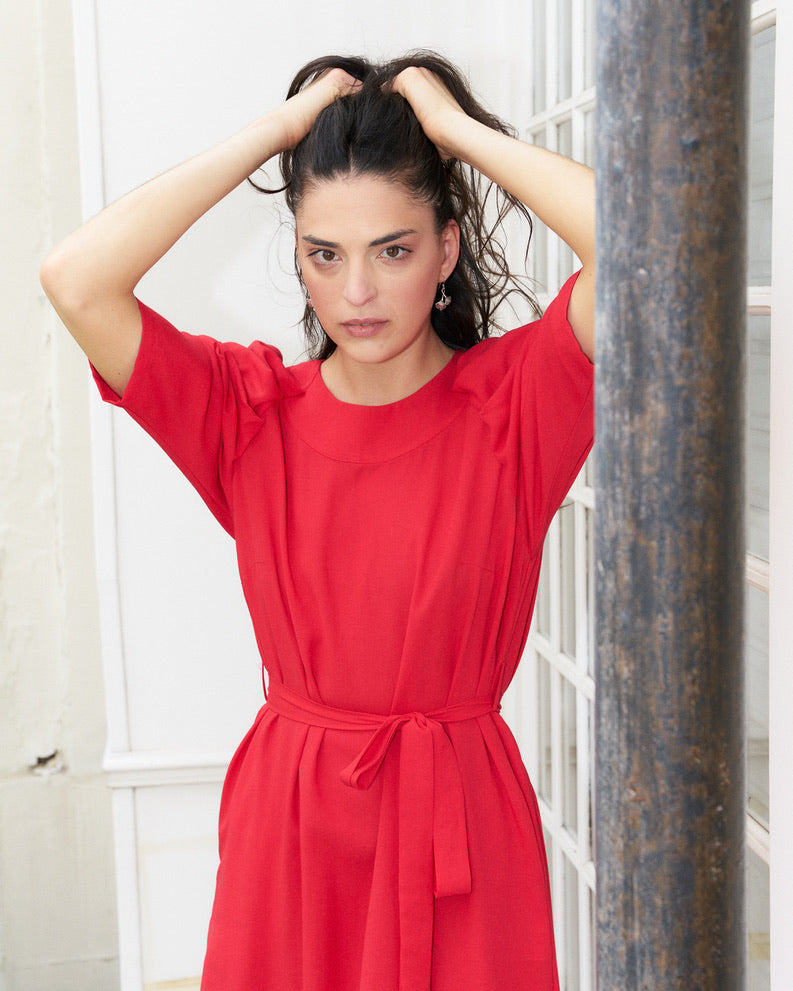 Sadie-Pleated Sleeve Short Dress-Real Red