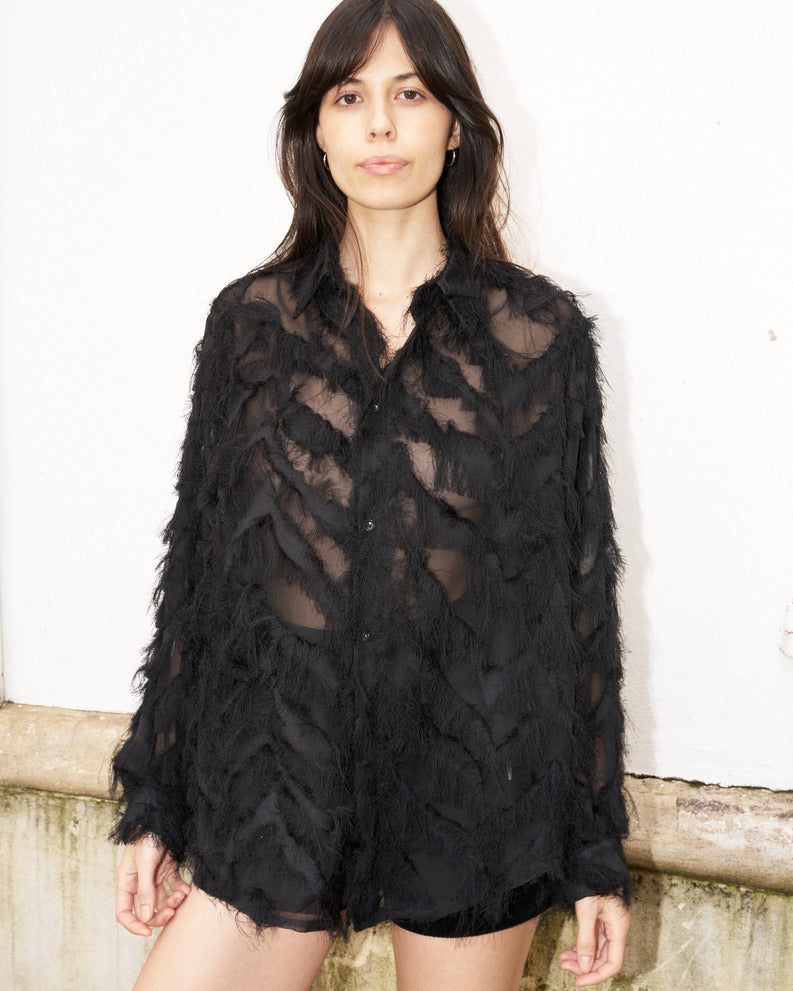 Wanda - Oversized Fringed Organza Shirt - Black - W