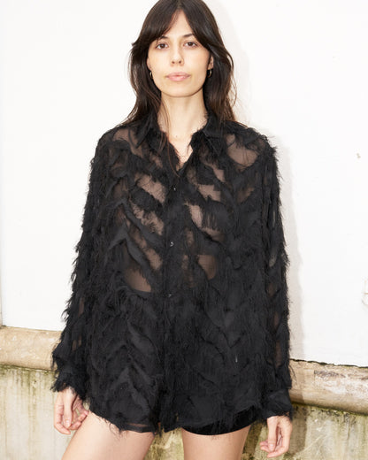 Wanda - Oversized Fringed Organza Shirt - Black - W