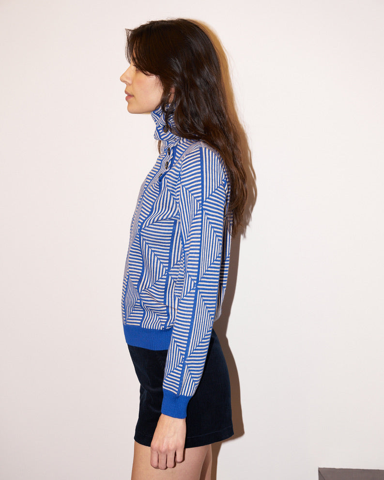 Lhara - Geometric Jacquard Turtle Neck Sweater - Blue