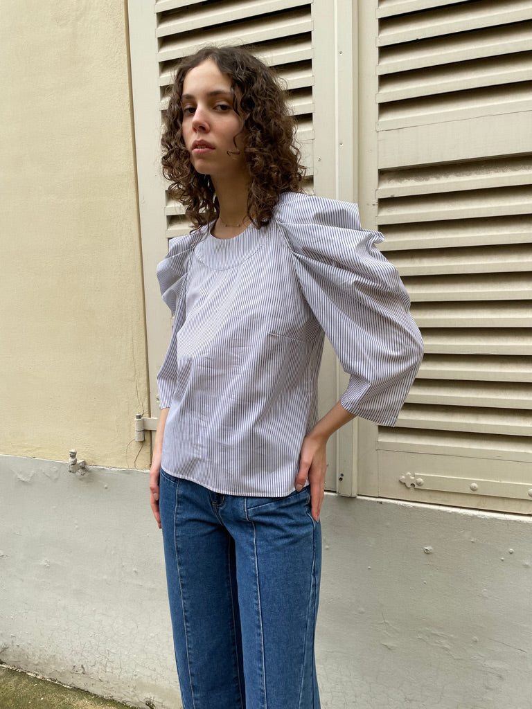 Uma - Pleated Sleeve Top-B & W Stripe