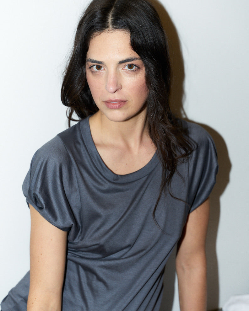 Olivia-Soft Satin Finish Jersey Top-Asphalt Grey