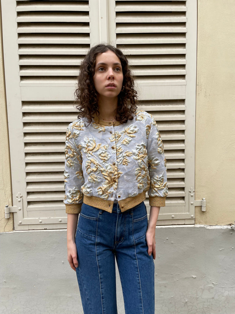 Selina - Silk Brocade Crop Jacket in Gold & Silver Floral Pattern