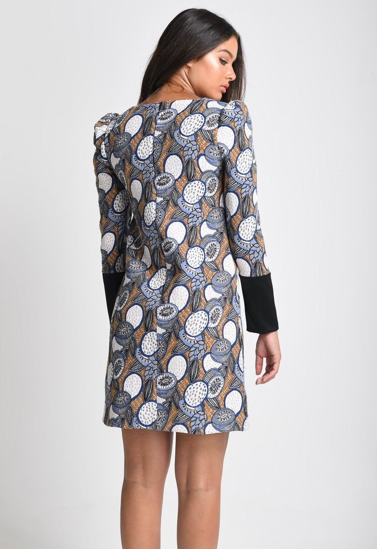 Carmela - Brocade shift dress with Puffy shoulders