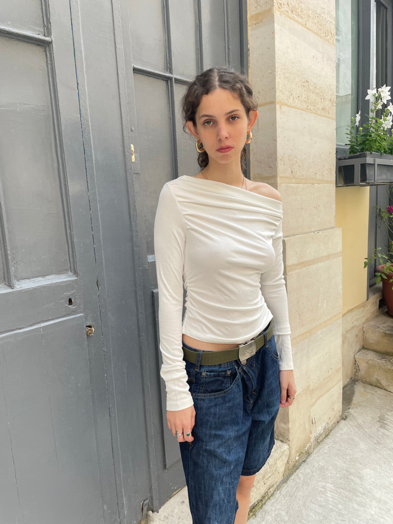 Anitra - Ruched ribbed Top - White