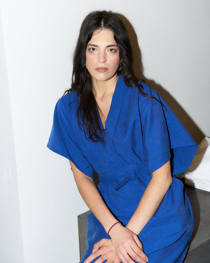 Dessa Modern Kimono style Dress-Semi Satin Silk-Royal Blue