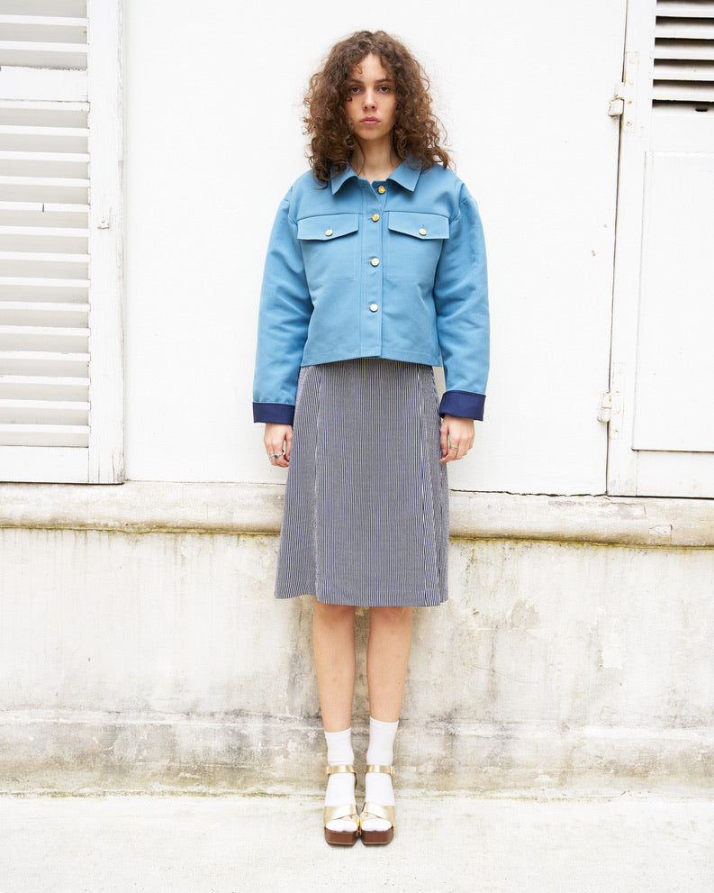 Mira-Cropped Cotton Crepe Jacket-Sky Blue