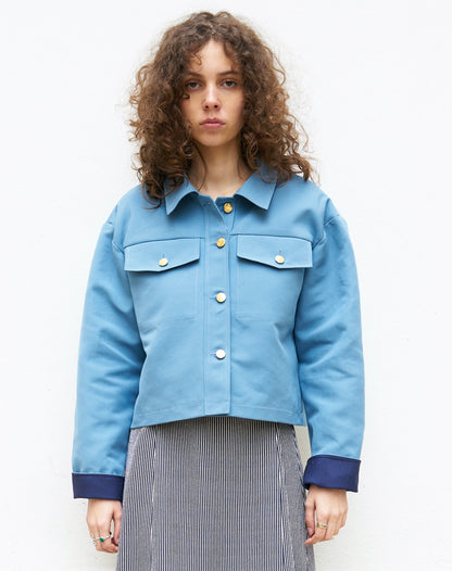 Mira-Cropped Cotton Crepe Jacket-Sky Blue