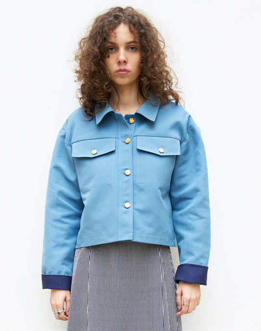 Mira-Cropped Cotton Crepe Jacket-Sky Blue