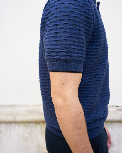 Peter-Textured Knit Polo Shirt-Navy Blue