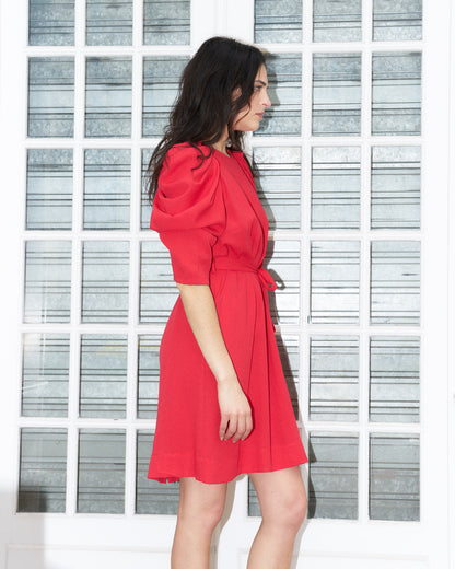 Sadie-Pleated Sleeve Short Dress-Real Red