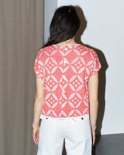 Eos-Flower Jacquard KnitTop with Button Down Back-Coral/White
