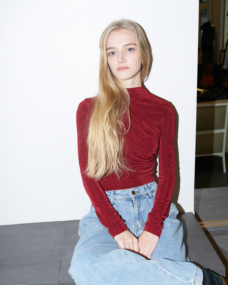 Lori - Ruched Asymmetrical Jersey Top - Cherry