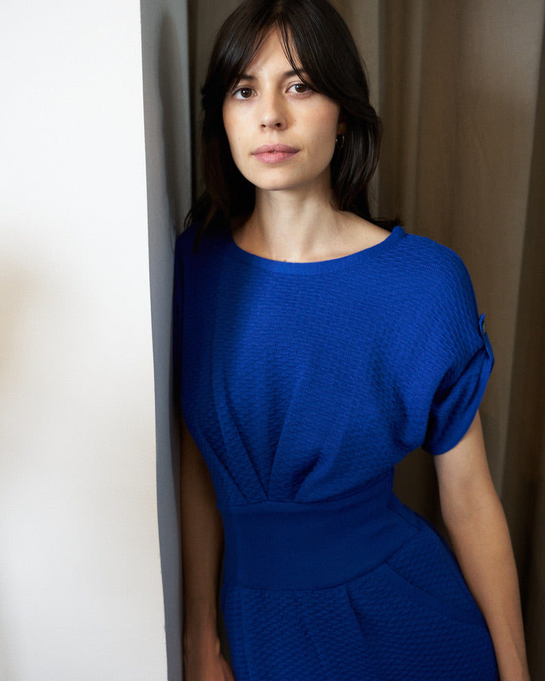 Faryn - Textured Knitted Dress - Blue
